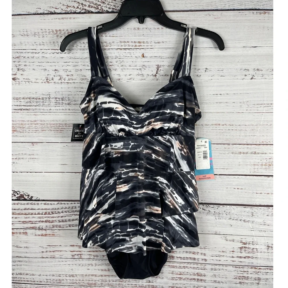 Swim Solutions Coastal Plates Black Tiered Tummy Control One-Piece Size 8 - Picture 4 of 9